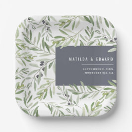 Plato De Papel Boda botánico de la rama mínima de olivo moderna