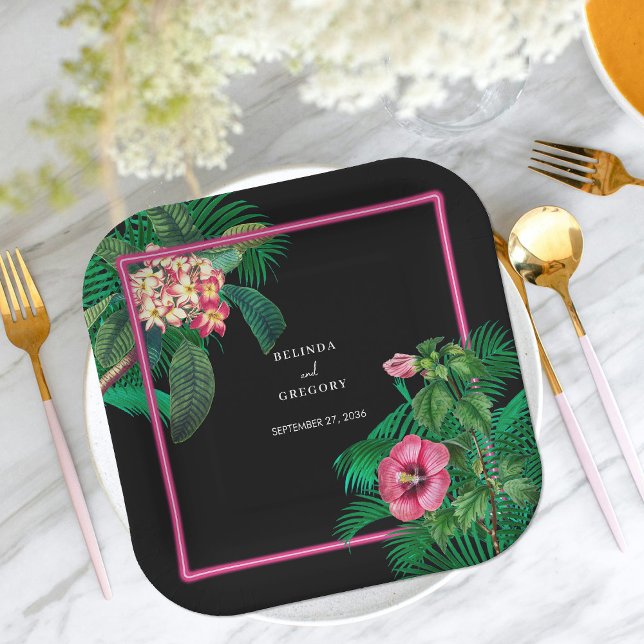 Plato De Papel Boda Botánico Retro Tropical Neón Rosa (Neon Pink Tropical Retro Botanicals Wedding Paper Plates)