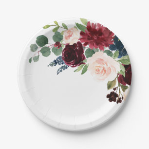 Plato De Papel Boda botánico rosado Rubor Blue Burgundy