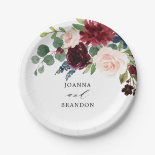 Plato De Papel Boda botánico rosado Rubor Blue Burgundy