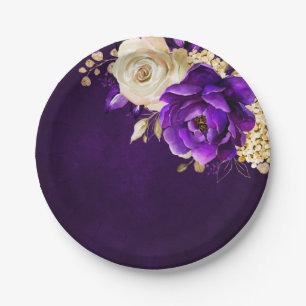 Plato De Papel Boda Botánico Royal Purple Violet Gold Floral
