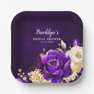 Plato De Papel Boda Botánico Royal Purple Violet Gold Floral 