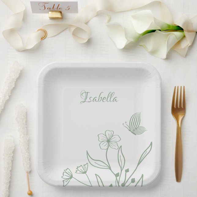 Plato De Papel Boda botánico verde salado simple (Boda)
