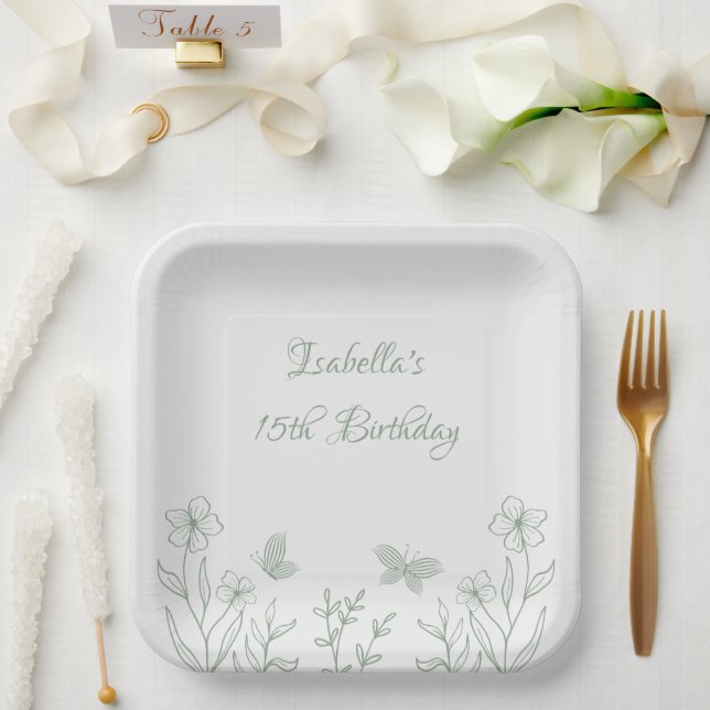 Plato De Papel Boda botánico verde salado simple (Boda)