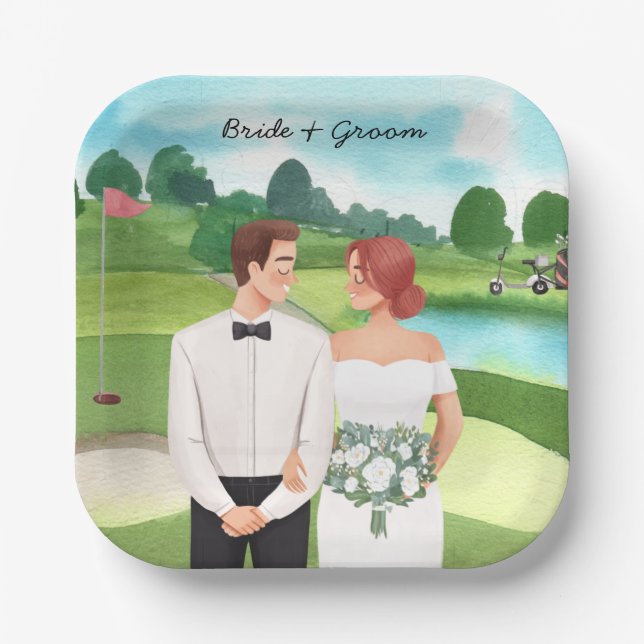 Plato De Papel  Boda Bride y Groom Golfer en el campo de golf (Anverso)