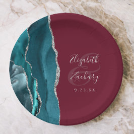 Plato De Papel Boda Burgundy Escritura Plata Geoda de Ágata