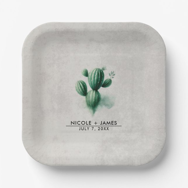 Plato De Papel Boda Cactus Verde Acuarela Suroeste (Anverso)