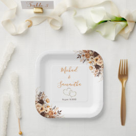 Plato De Papel Boda Campestre Otoñal con Marrón Rústico y Rosa Ma