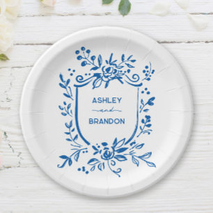 Plato De Papel Boda caprichosa con escudo botánico azul francés