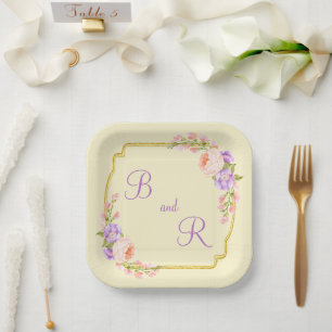 Plato De Papel Boda casual de marco de flor de doble monograma