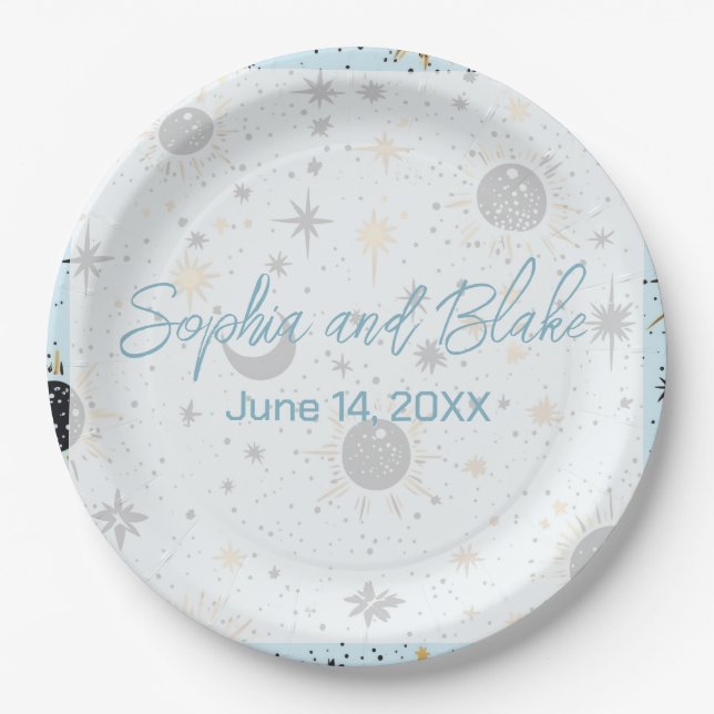 Plato De Papel Boda celeste azul de oro negro (Anverso)
