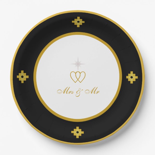 Plato De Papel Boda Chic Dorada Negra y Blanca (Anverso)