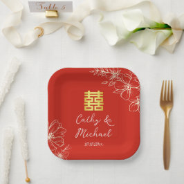 Plato De Papel Boda china elegante moderna floral guión rojo