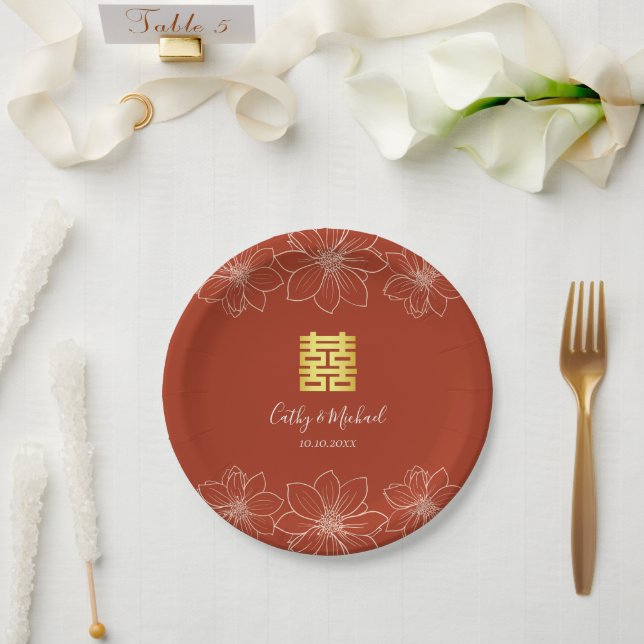 Plato De Papel Boda chino floral rojo Boho (Boda)