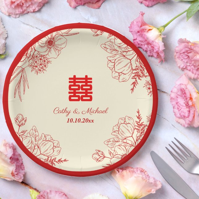 Plato De Papel Boda chino rojo beige floral oriental (Subido por el creador)