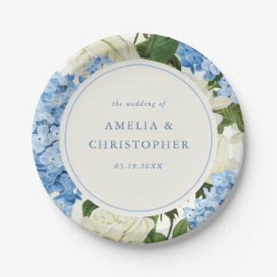 Plato De Papel Boda Clásica de Hortensia Azul y Rosa Blanca