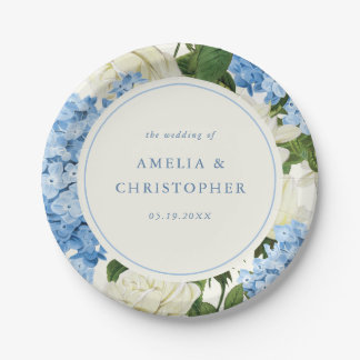 Plato De Papel Boda Clásica de Hortensia Azul y Rosa Blanca