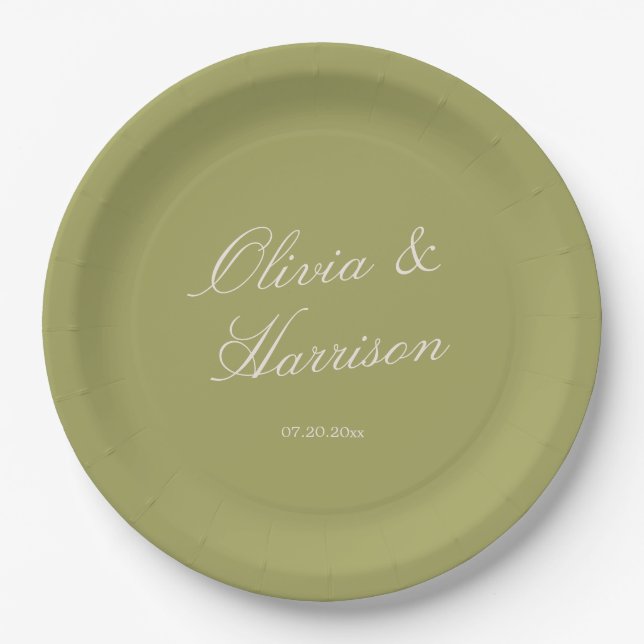 Plato De Papel Boda Clásica Verde Oliva (Anverso)