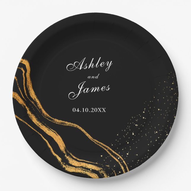 Plato De Papel Boda Clásico Negro y Oro (Anverso)