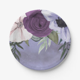 Plato De Papel Boda con Acuarela Floral de Lavanda Morada Moderna