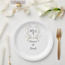 Plato De Papel Boda con cresta de monograma de flor silvestre osc