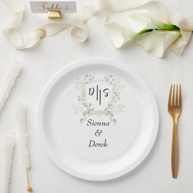 Plato De Papel Boda con cresta de monograma de flor silvestre osc (Boda)