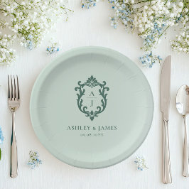 Plato De Papel Boda con Escudo Ornate Vintage Verde