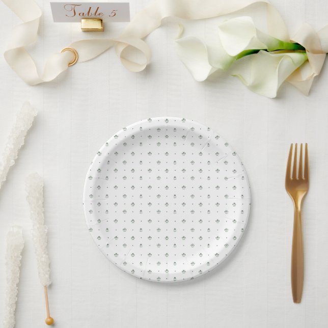 Plato De Papel Boda con estampado botánico verde y blanco (Boda)