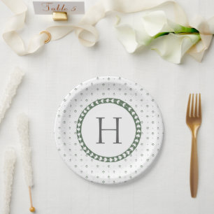 Plato De Papel Boda con estampado botánico verde y blanco