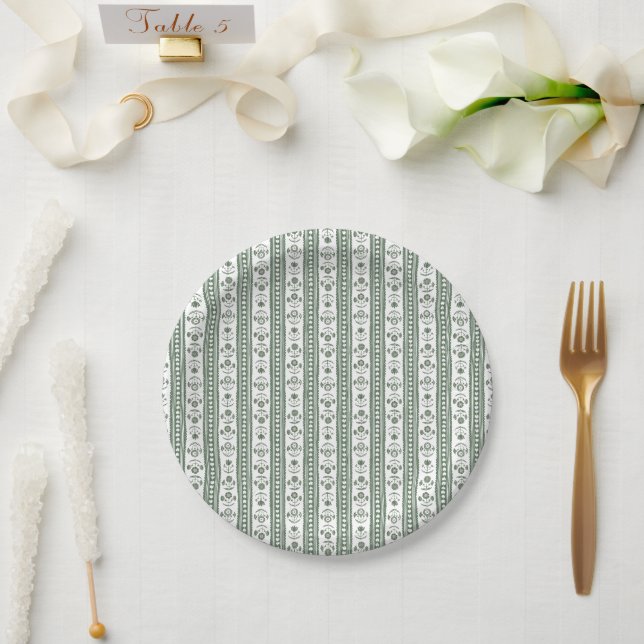 Plato De Papel Boda con estampado botánico verde y blanco (Boda)