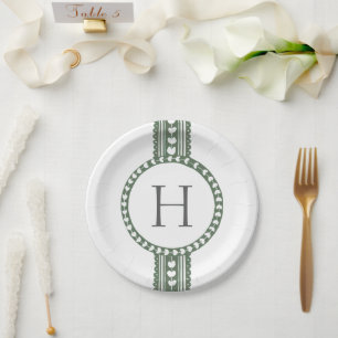 Plato De Papel Boda con estampado botánico verde y blanco