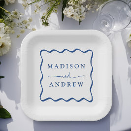 Plato De Papel Boda con marco ondulado azul moderno