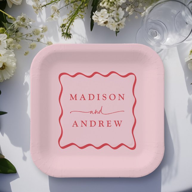 Plato De Papel Boda con marco ondulado rosa y rojo moderno (Subido por el creador)