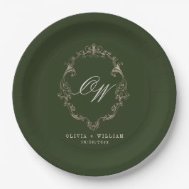 Plato De Papel Boda con Monograma en Verde Oliva Elegante