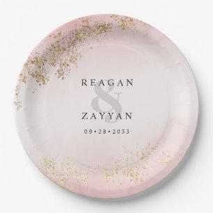 Plato De Papel Boda con Nubes Rosadas y Brillos de Oro Moderno de