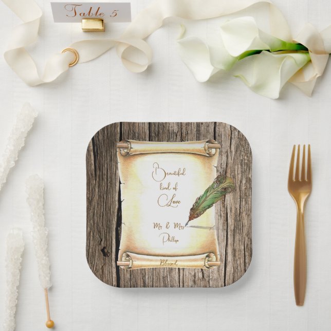 Plato De Papel Boda con pluma de ave y rollo únicos (Boda)