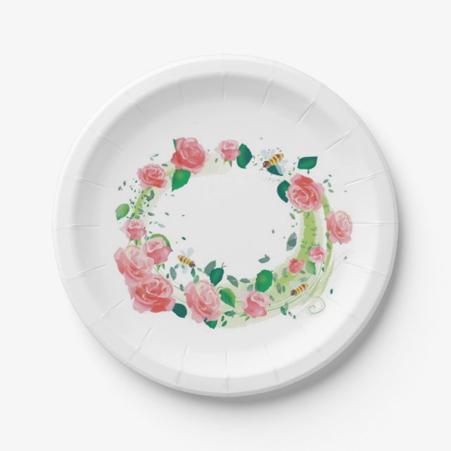 Plato De Papel boda con rosas y abejas (Anverso)