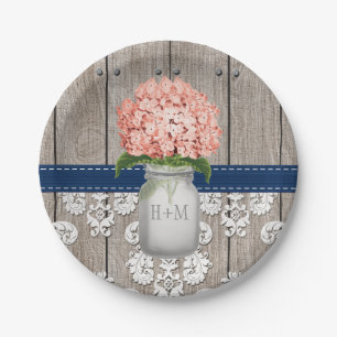 Plato De Papel Boda coralina con monograma del Hydrangea de la