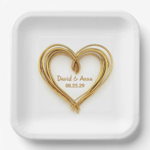 Plato De Papel Boda Corazón Con Cable De Oro Sobre Blanco