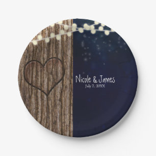 Plato De Papel Boda Corazón Nocturno Rústico en Árbol