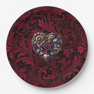 Plato De Papel Boda Corazón Paisley Borgoña Steampunk