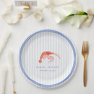 Plato De Papel Boda Costera Langosta Roja Azul Rayada Retro