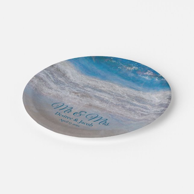 Plato De Papel Boda costero Beach Blue Tropical Ocean Waves (Angular)