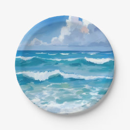 Plato De Papel Boda costero de Ocean Waves Watercolor Beach