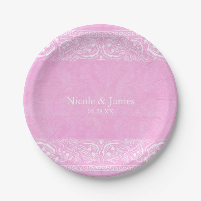 Plato De Papel Boda Country Western de Paisley Rústico Rosa (Anverso)