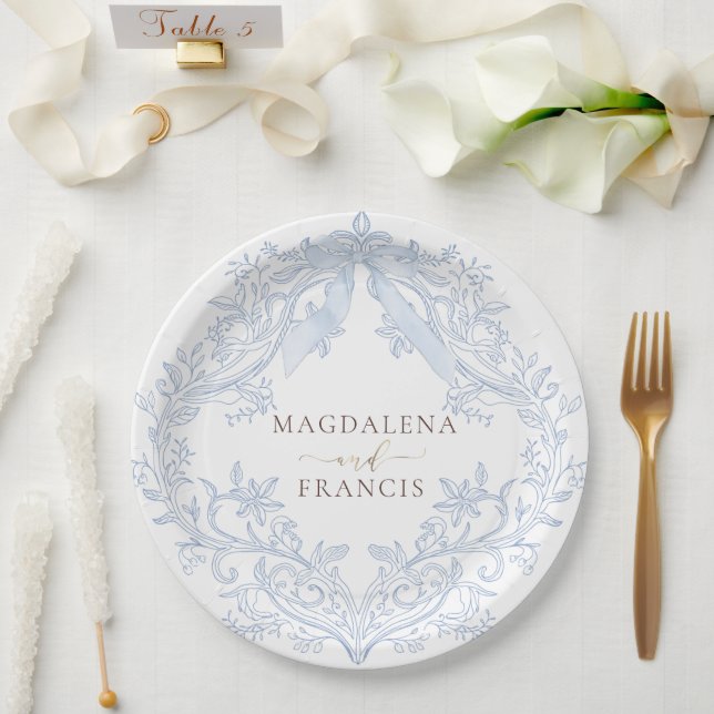 Plato De Papel boda cresta azul acuarela (Boda)