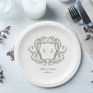 Plato De Papel Boda Cresta Monograma de Salvia Rosa Trepadora