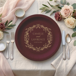 Plato De Papel Boda Cuadro Floral Toile Champagne Borgoña