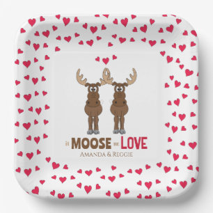 Plato De Papel Boda Cute Red Hearts Personalizado Whimsical Moose