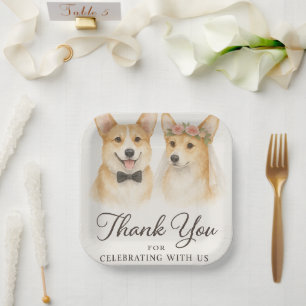 Plato De Papel Boda de Acuarela de Corgi Gracias